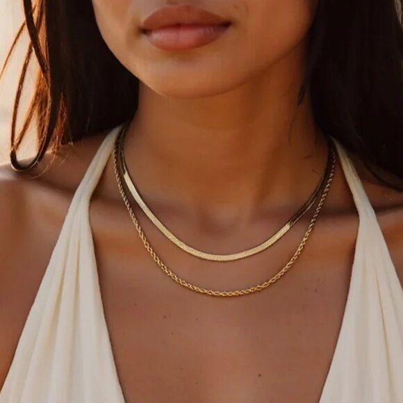 Necklace Layered Gold Herringbone & Rope Chain Necklace WATERPROOF Necklace - Picture 1 of 14